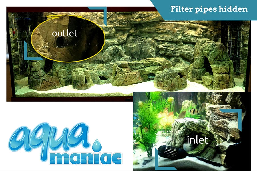 Filter inlet and outlet in front of 3d rock background